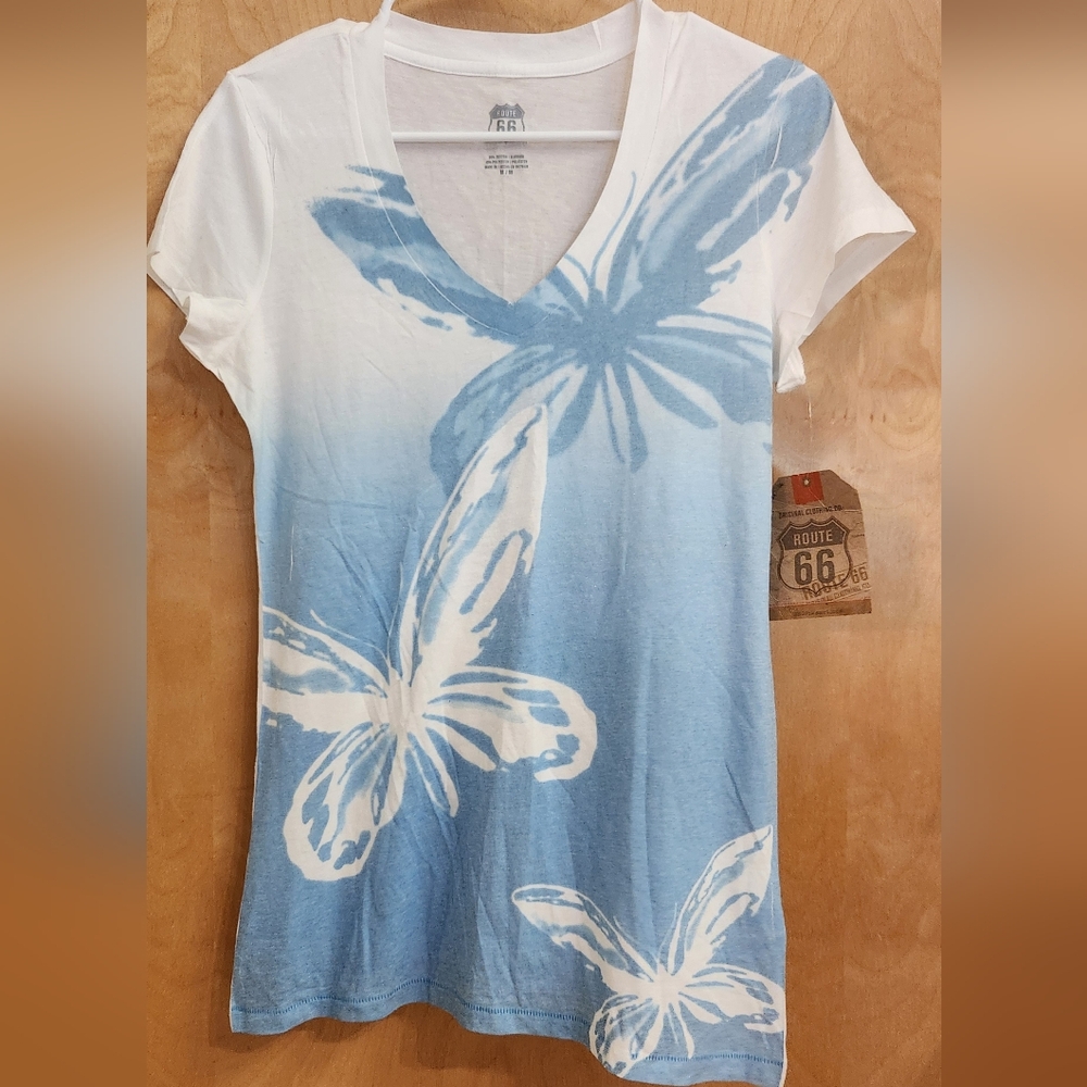 Cute Blue White Butterfly Short Sleeve Tee Shirt Top Med